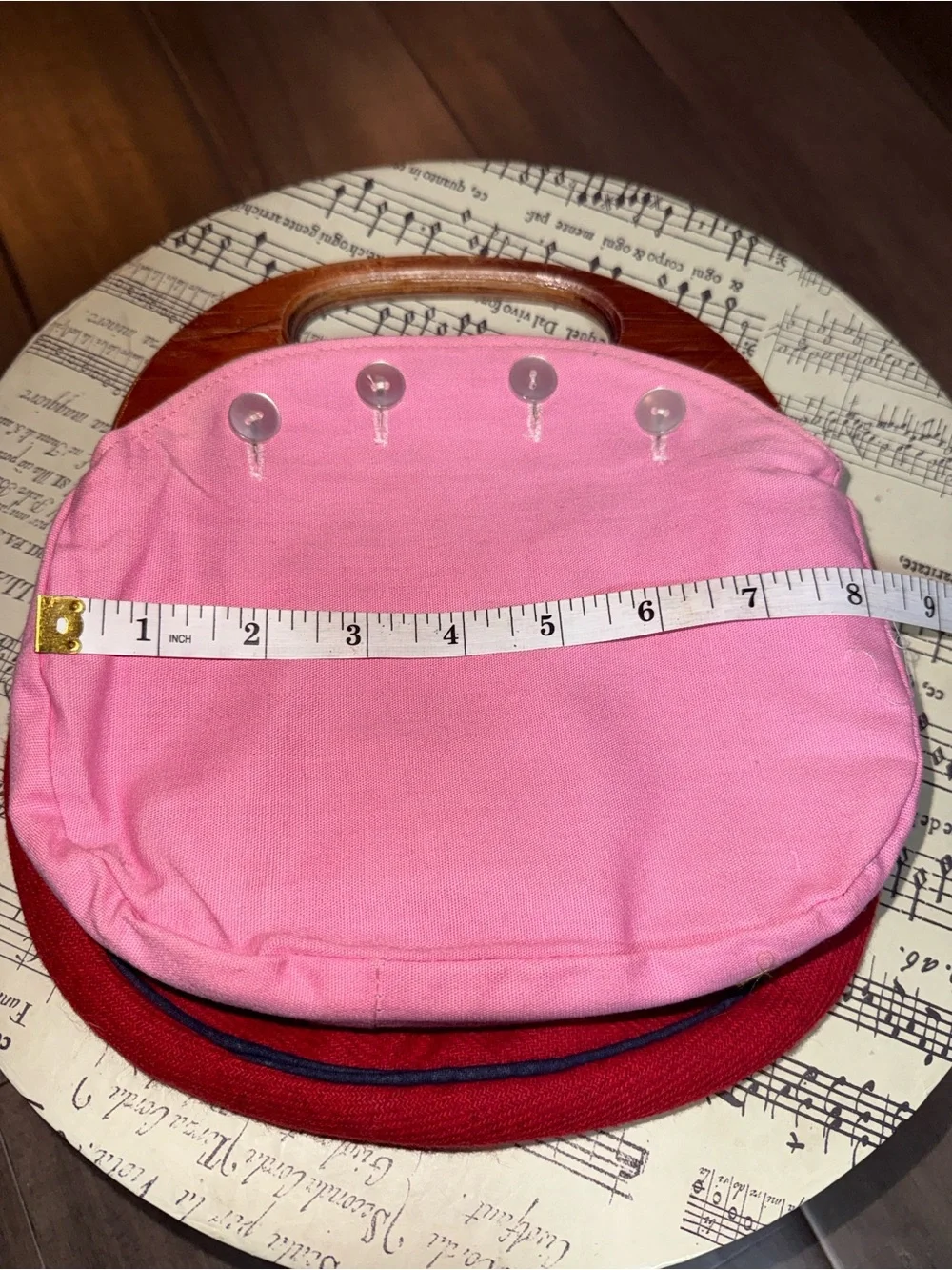 VTG Handmade Wooden Handle Pouch Bag Pink Canvas Red Wool Embroidered Whale